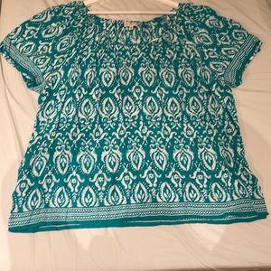 2X Aqua & White Rayon Gathered Neck Top